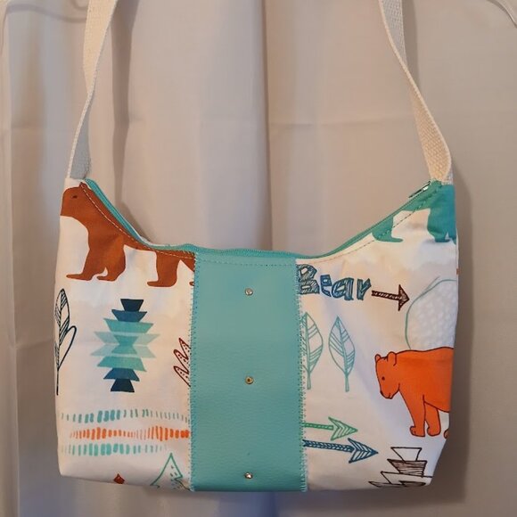 New Western Vinyl Top handle Shoulder Bag Purse Camping Bears Crescent Baguette - Picture 2 of 8